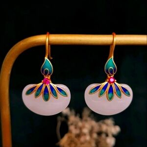 Genuine white Jade/sterling silver enamel earrings.